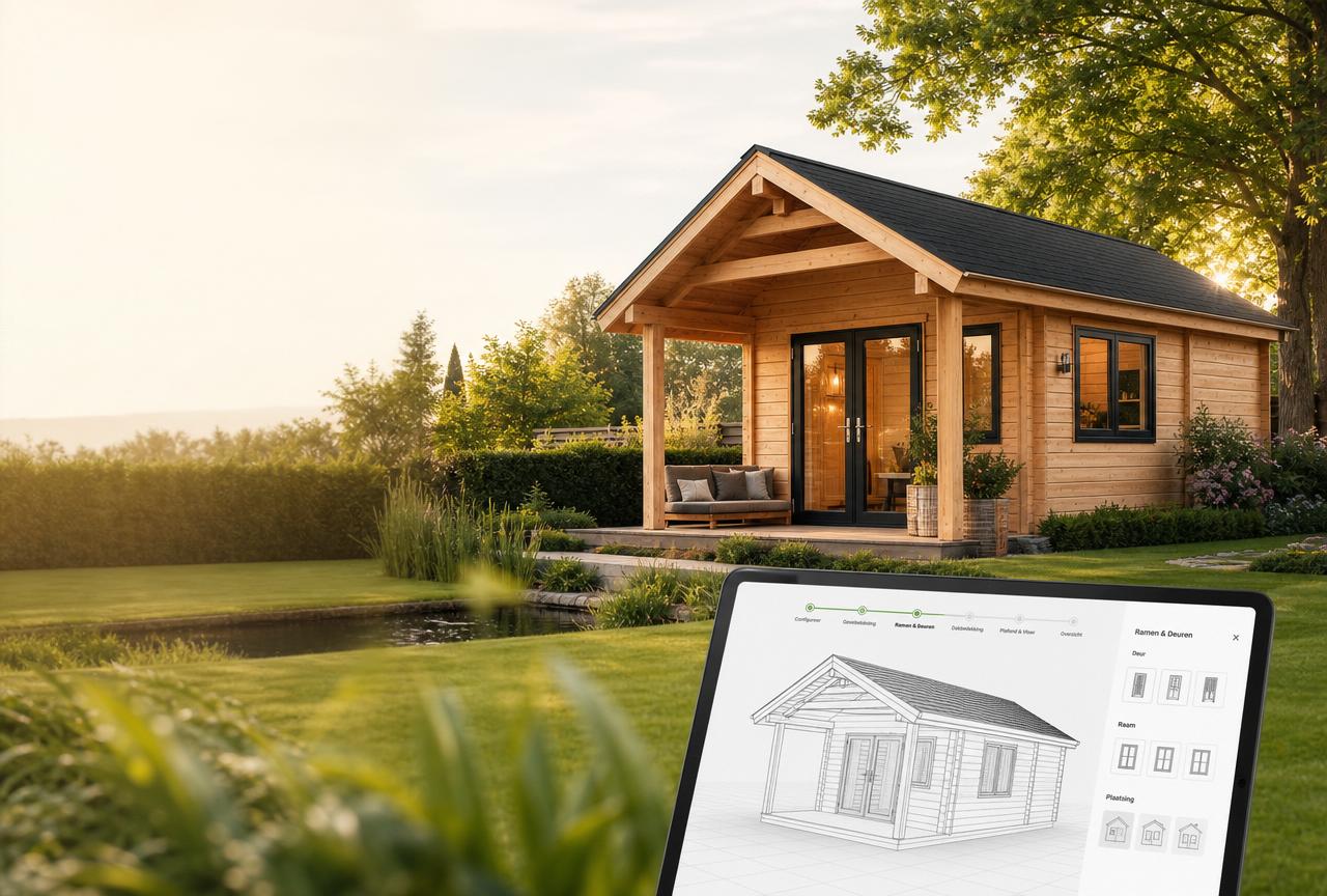 3D configurator preview — stel uw tuinhuis volledig samen