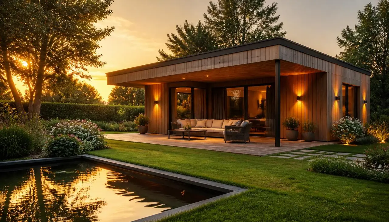 Ouder stel leest de krant op stoelen voor hun Holzario tuinhuis bij zonsondergang