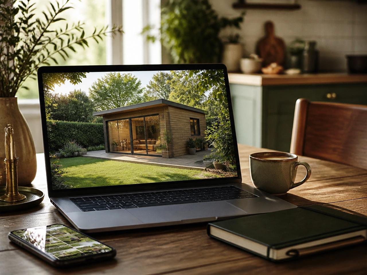 Realistisch 3D-ontwerp van een Holzario tuinhuis in een Nederlandse tuin, geopend op een laptop