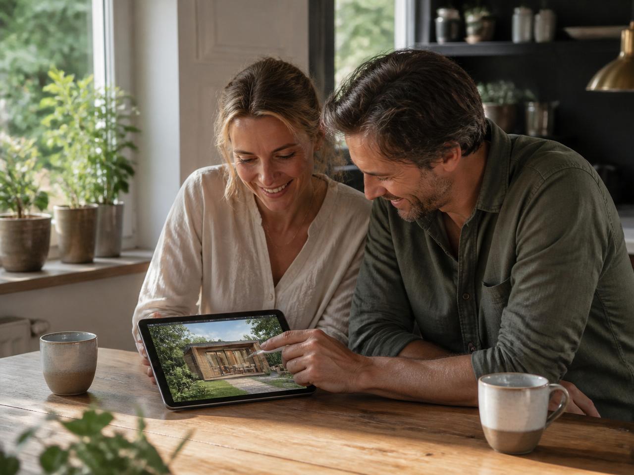 Stel bekijkt samen glimlachend het 3D-ontwerp van hun tuinhuis op een tablet aan de keukentafel