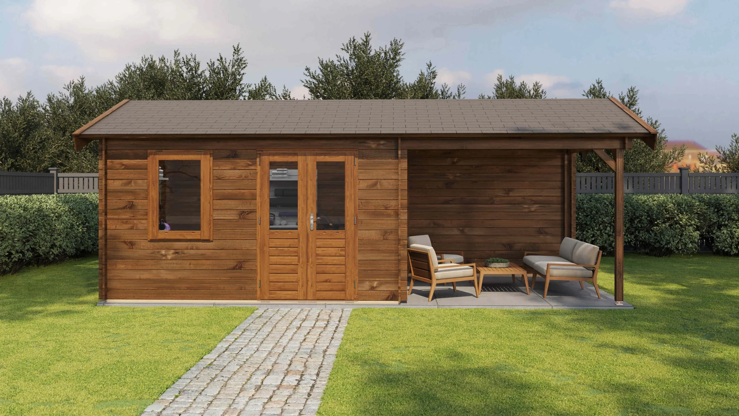 Holzario Select blokhut Gotha met overkapping 400x300cm + 300cm