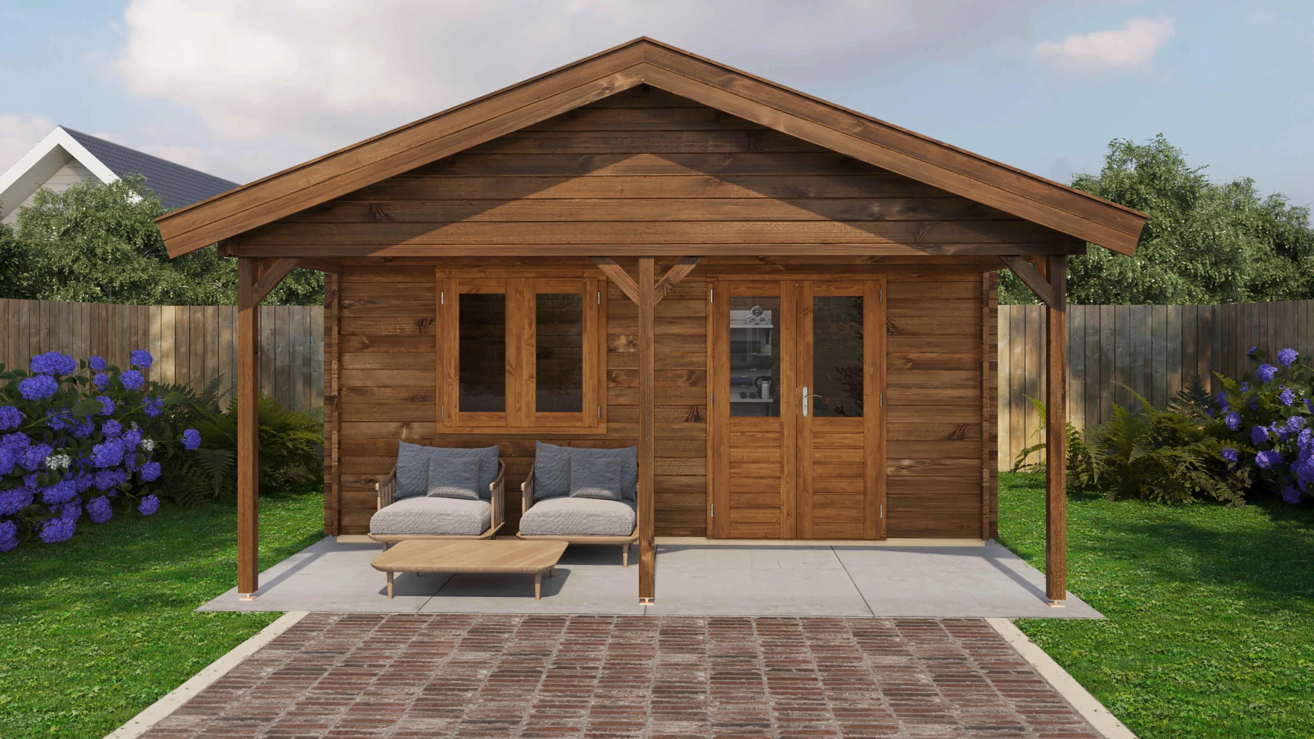 Holzario Select blokhut Hof met overkapping 500x400cm + 200cm