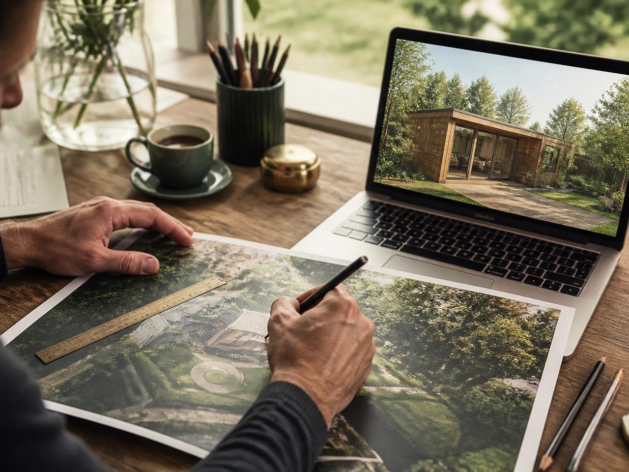 Ontwerper werkt met de hand aan een 3D-ontwerp van een tuinhuis